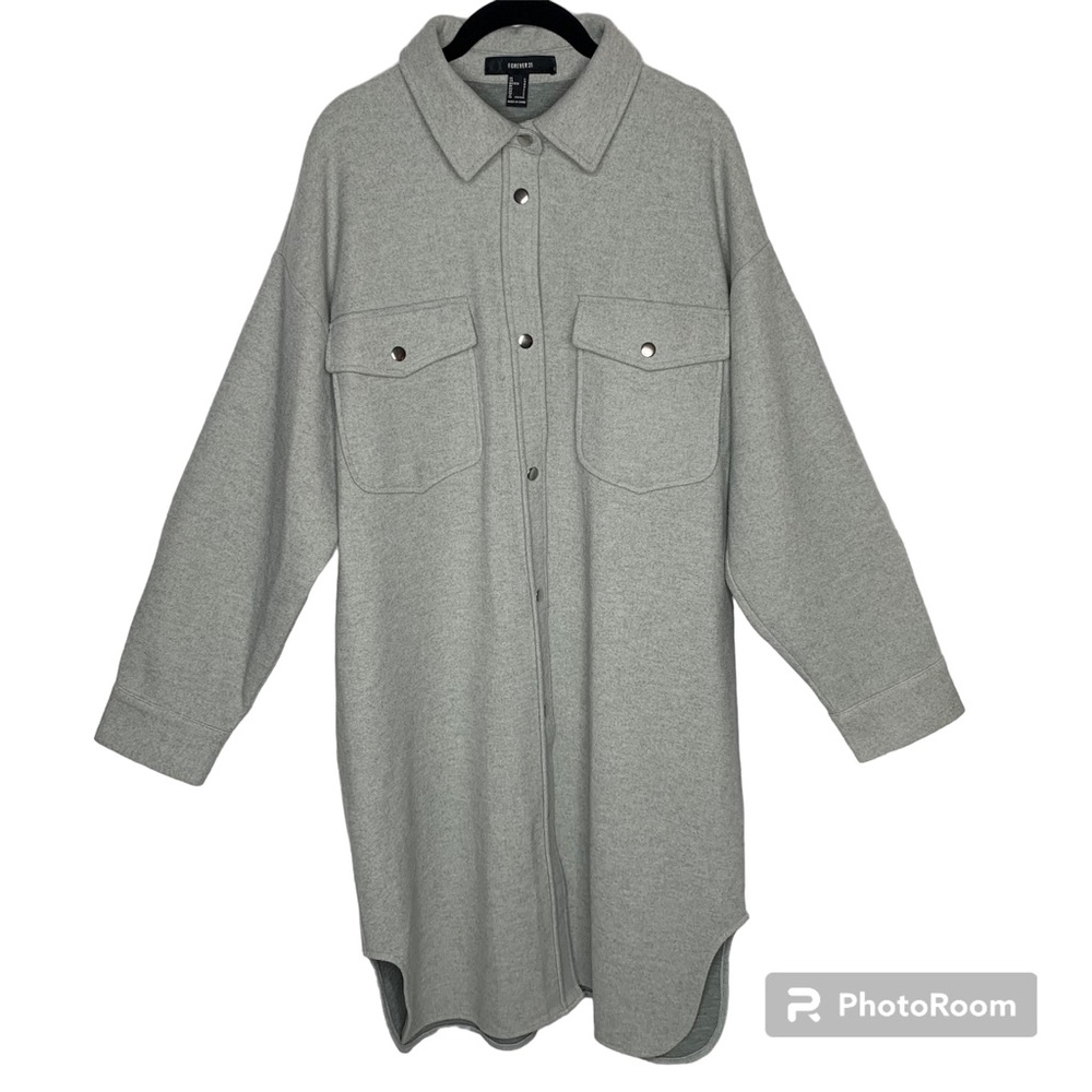 Forever 21 Shacket L Womens Relaxed Fit Pale Green Gray Coat Jacket Long Sleeves